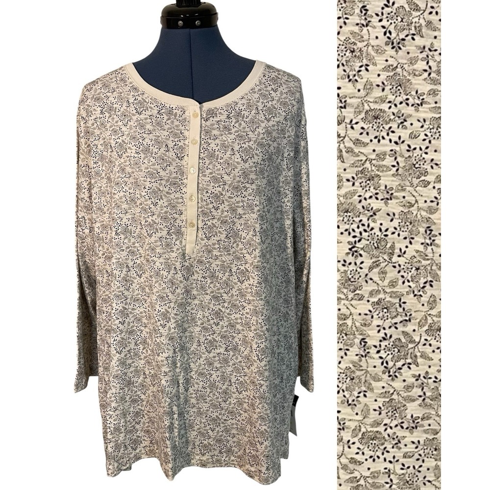 NWT Chaps Womens Ivory Black Floral‎ Henley Tunic Top Cottage Prairie Modest 2X